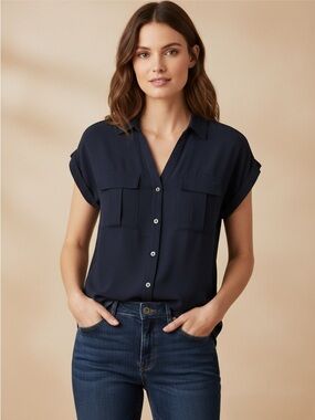 New Zenana Women’s Casual Button Down Short Sleeve Blouse - Black
